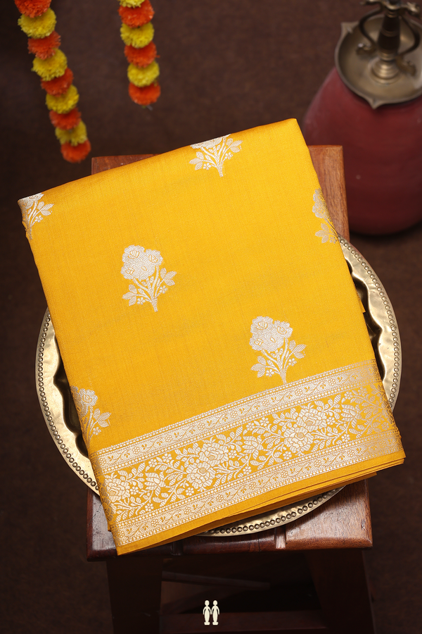Raw Silk Saree In Mustard Yellow With Floral Buttas