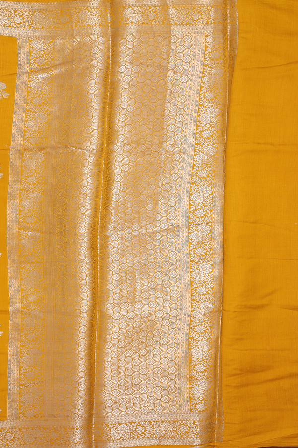 Raw Silk Saree In Mustard Yellow With Floral Buttas