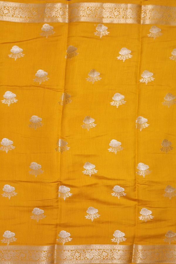 Raw Silk Saree In Mustard Yellow With Floral Buttas