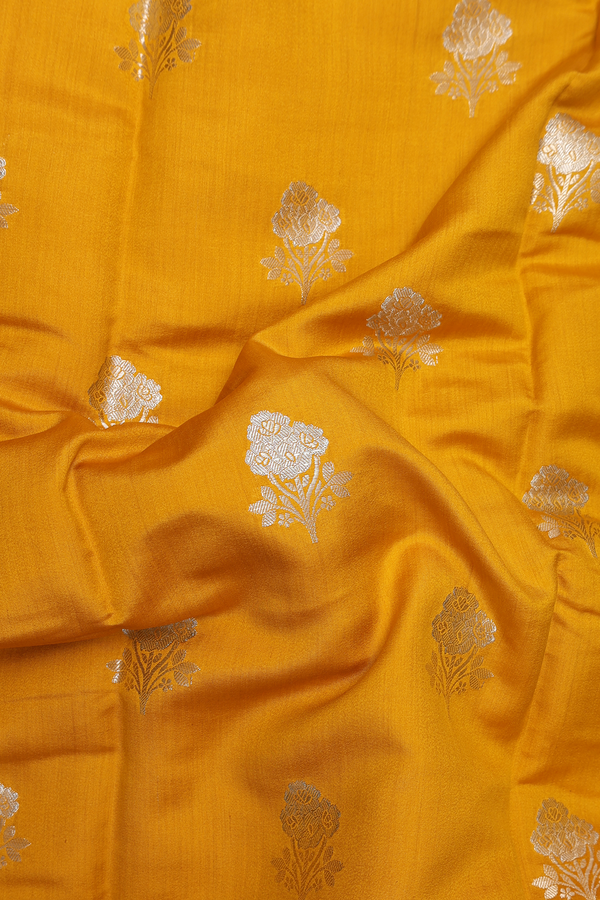 Raw Silk Saree In Mustard Yellow With Floral Buttas