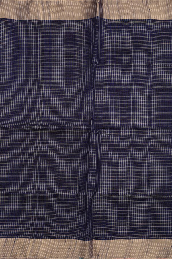 Raw Silk Saree In Navy Blue With Checks Design