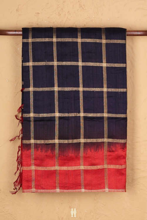 Raw Silk Saree In Navy Blue With Checks Design