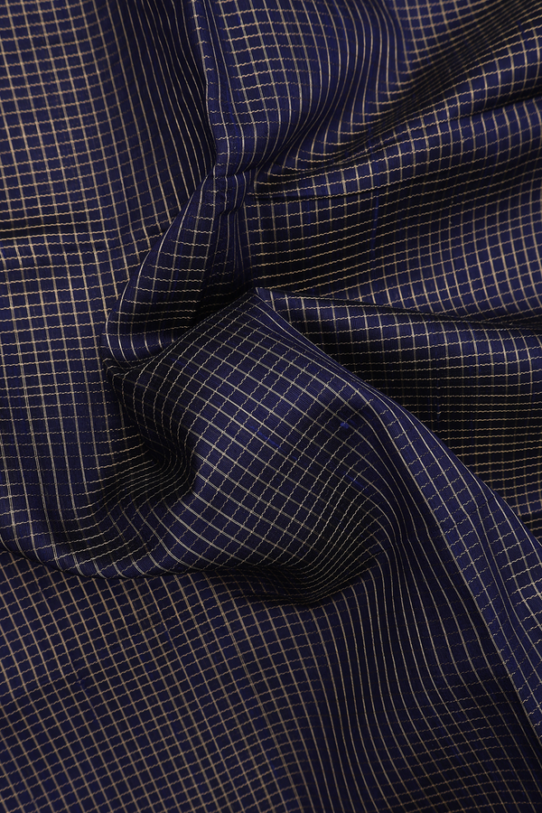 Raw Silk Saree In Navy Blue With Checks Design
