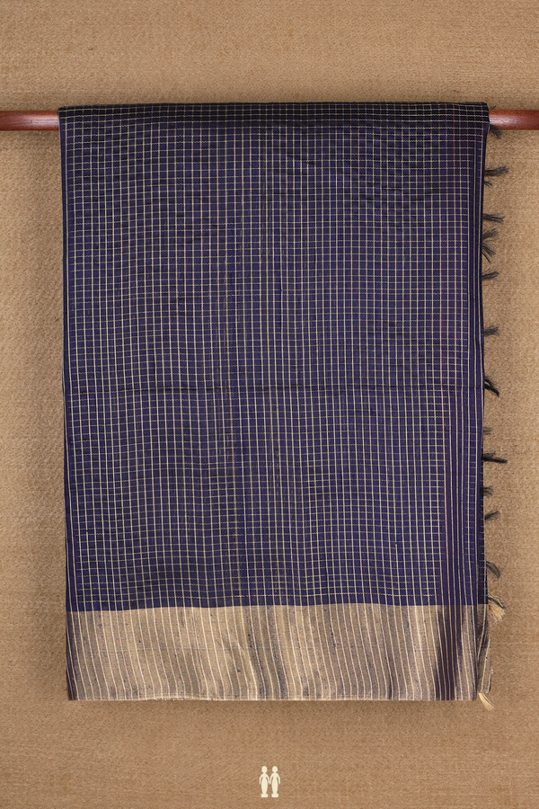 Raw Silk Saree In Navy Blue With Checks Design