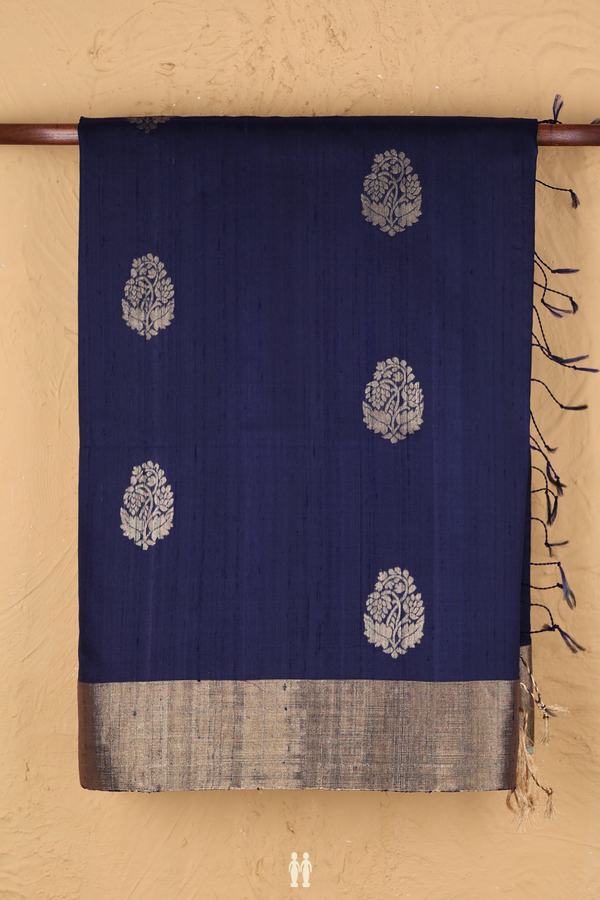 Raw Silk Saree In Navy Blue With Floral Buttas