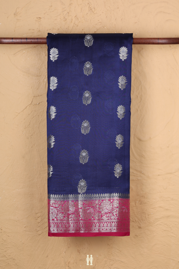 Raw Silk Saree In Navy Blue With Floral Buttas