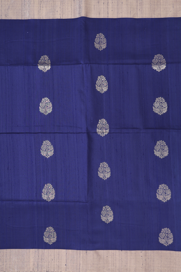 Raw Silk Saree In Navy Blue With Floral Buttas