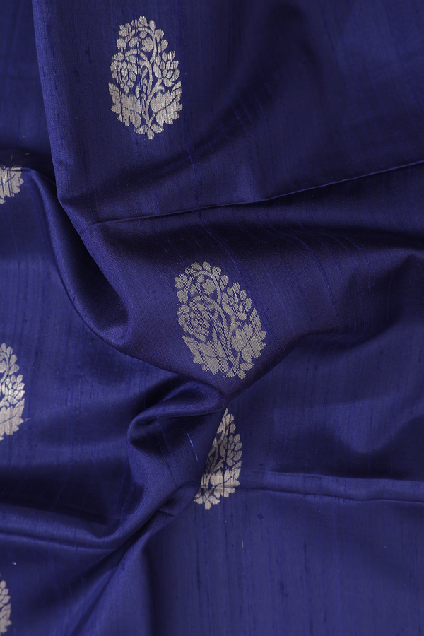 Raw Silk Saree In Navy Blue With Floral Buttas