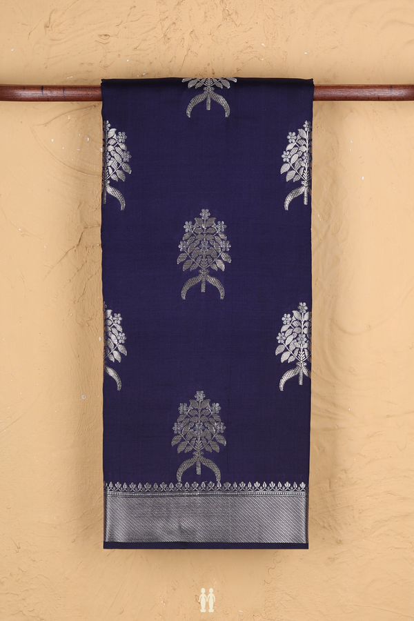 Raw Silk Saree In Navy Blue With Floral Motifs