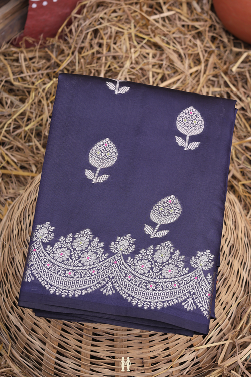 Raw Silk Saree In Navy Blue With Floral Motifs
