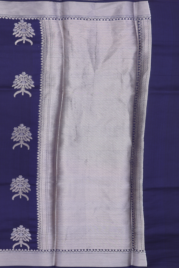 Raw Silk Saree In Navy Blue With Floral Motifs