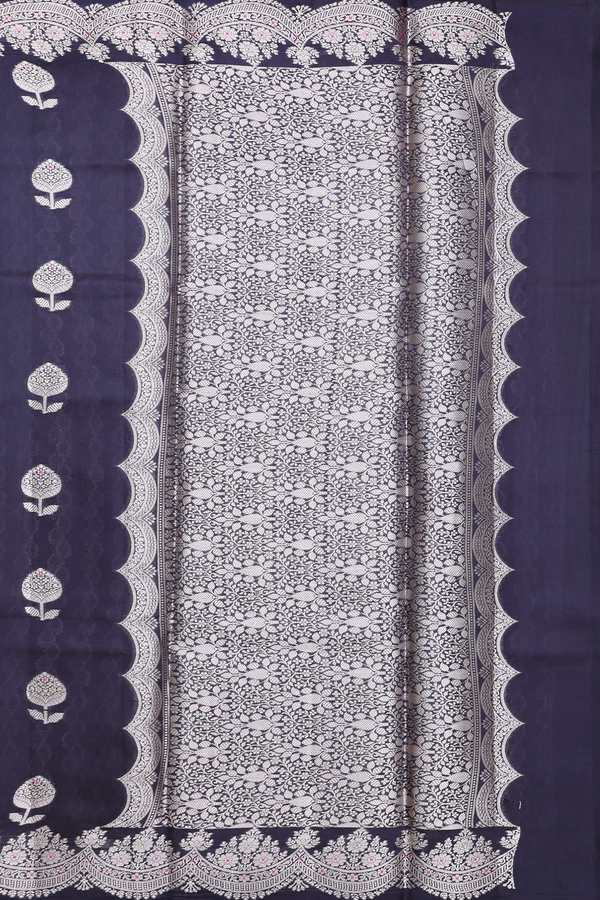 Raw Silk Saree In Navy Blue With Floral Motifs