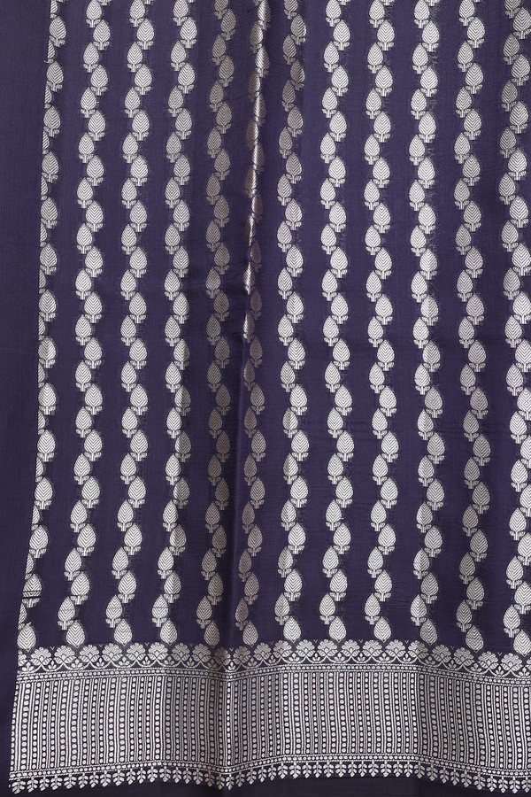 Raw Silk Saree In Navy Blue With Floral Motifs