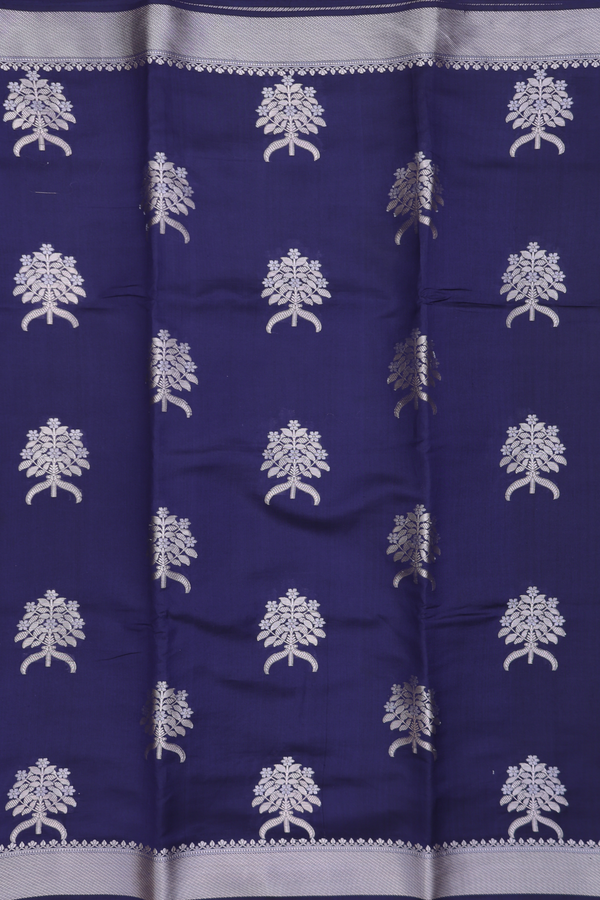 Raw Silk Saree In Navy Blue With Floral Motifs