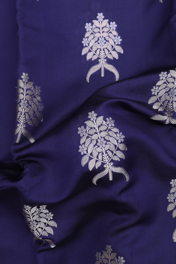 Raw Silk Saree In Navy Blue With Floral Motifs