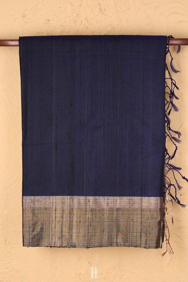 Raw Silk Saree In Navy Blue With Zari Border