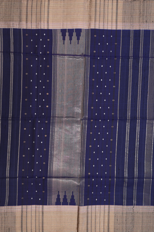 Raw Silk Saree In Navy Blue With Zari Border
