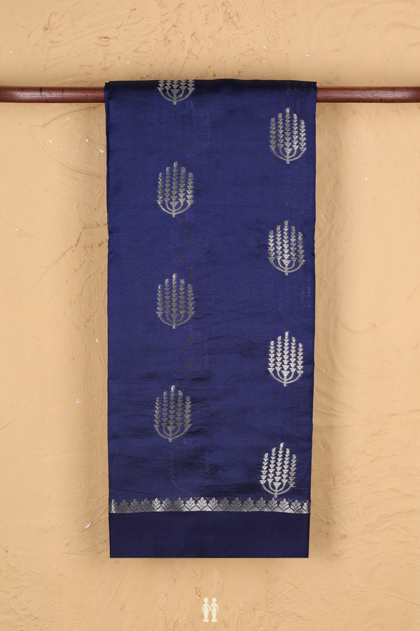 Raw Silk Saree In Navy Blue With Zari Buttas