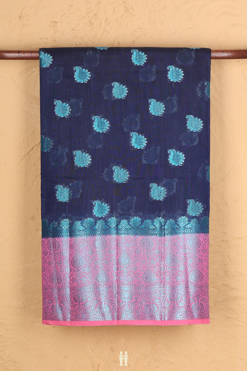 Raw Silk Saree In Navy Blue With Zari Buttas