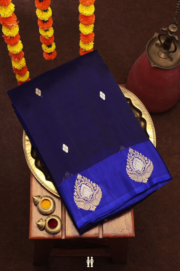 Raw Silk Saree In Navy Blue With Zari Buttas