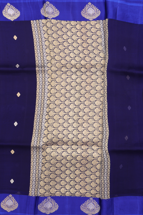Raw Silk Saree In Navy Blue With Zari Buttas