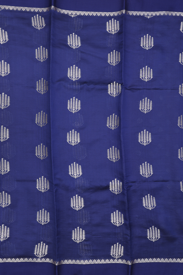 Raw Silk Saree In Navy Blue With Zari Buttas