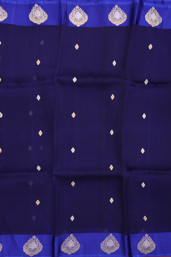 Raw Silk Saree In Navy Blue With Zari Buttas