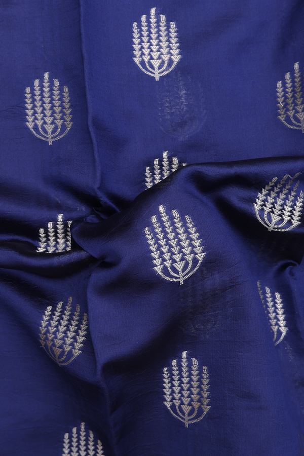 Raw Silk Saree In Navy Blue With Zari Buttas