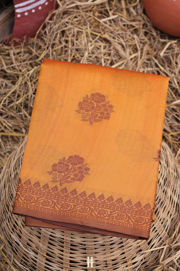 Raw Silk Saree In Ochre Orange With Floral Motifs