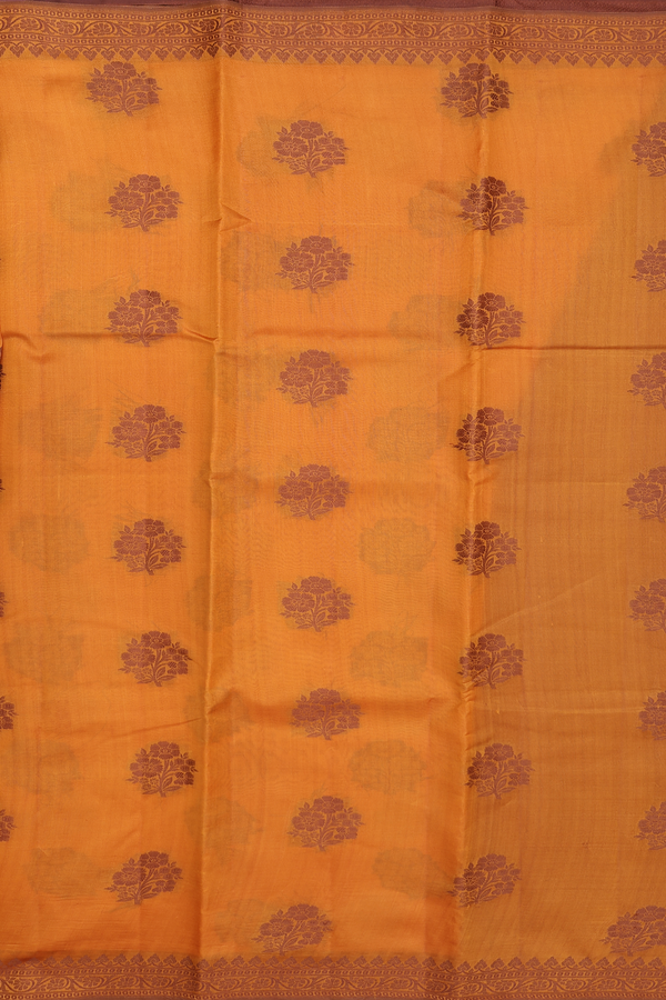 Raw Silk Saree In Ochre Orange With Floral Motifs