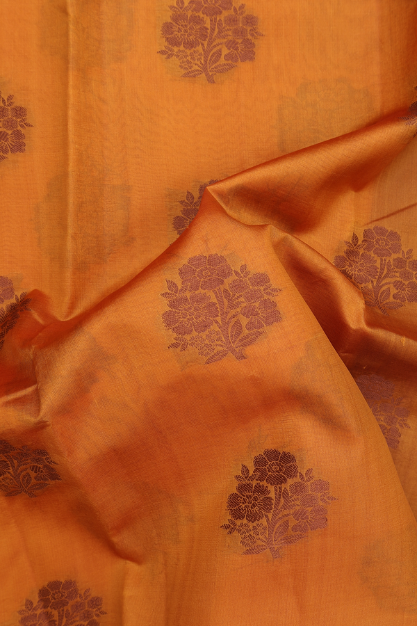 Raw Silk Saree In Ochre Orange With Floral Motifs