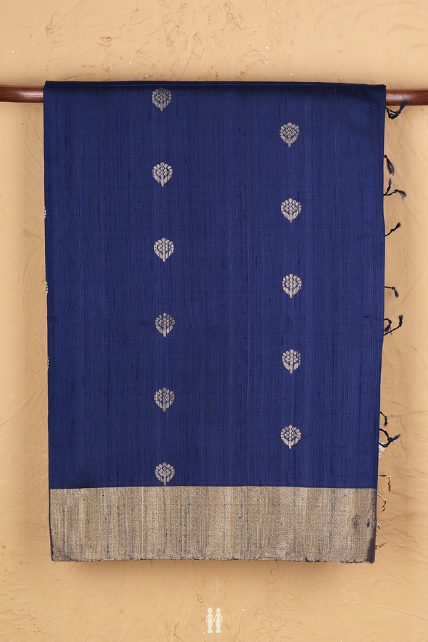 Raw Silk Saree In Oxford Blue With Floral Buttas