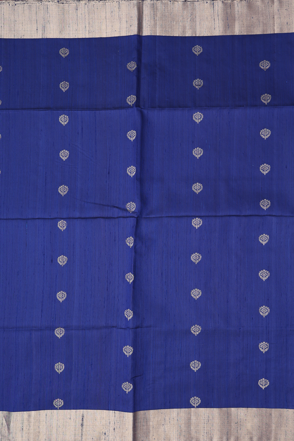 Raw Silk Saree In Oxford Blue With Floral Buttas