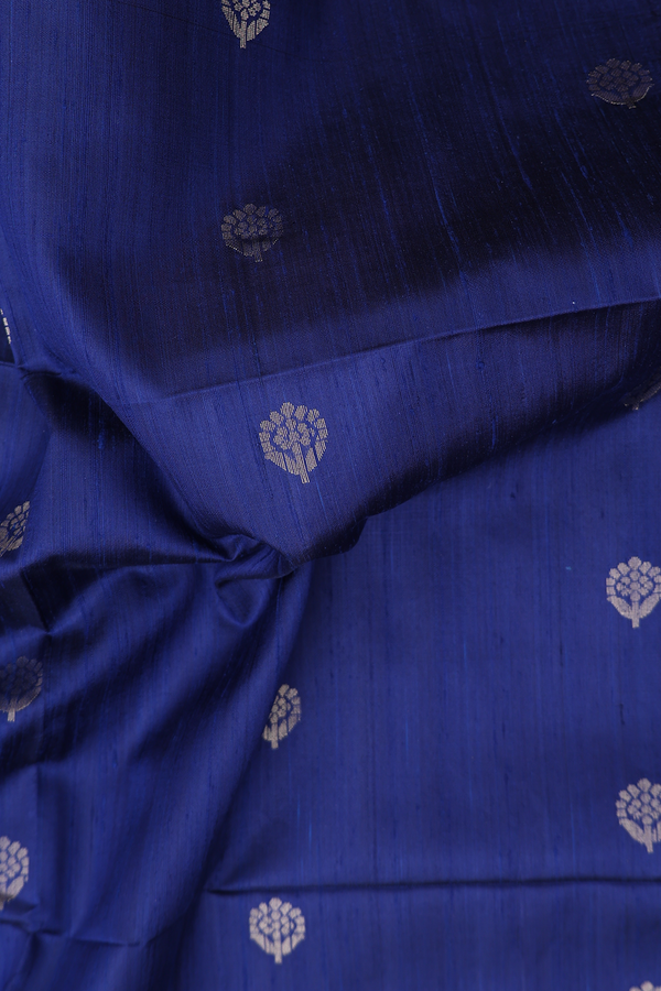 Raw Silk Saree In Oxford Blue With Floral Buttas