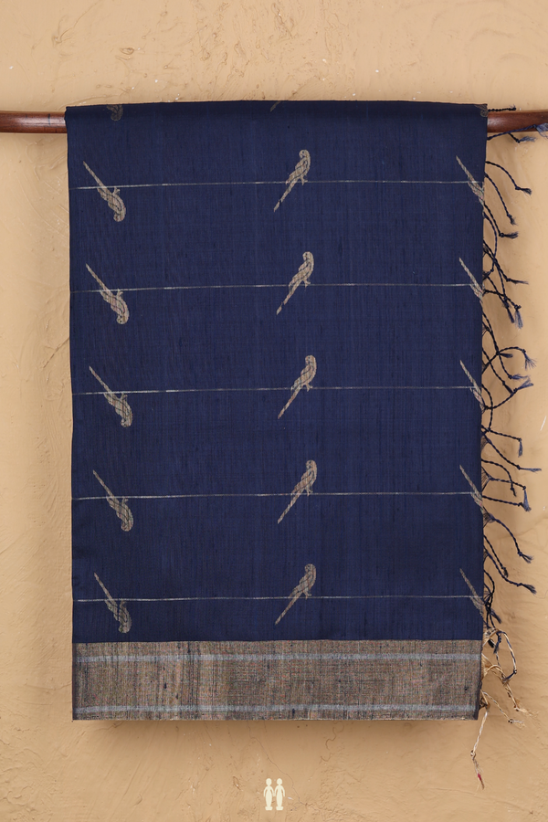 Raw Silk Saree In Oxford Blue With Parrot Design
