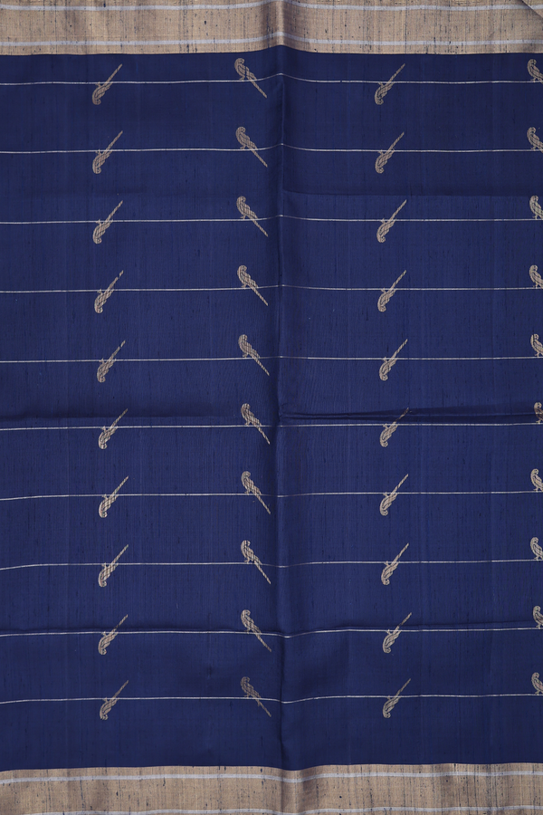 Raw Silk Saree In Oxford Blue With Parrot Design