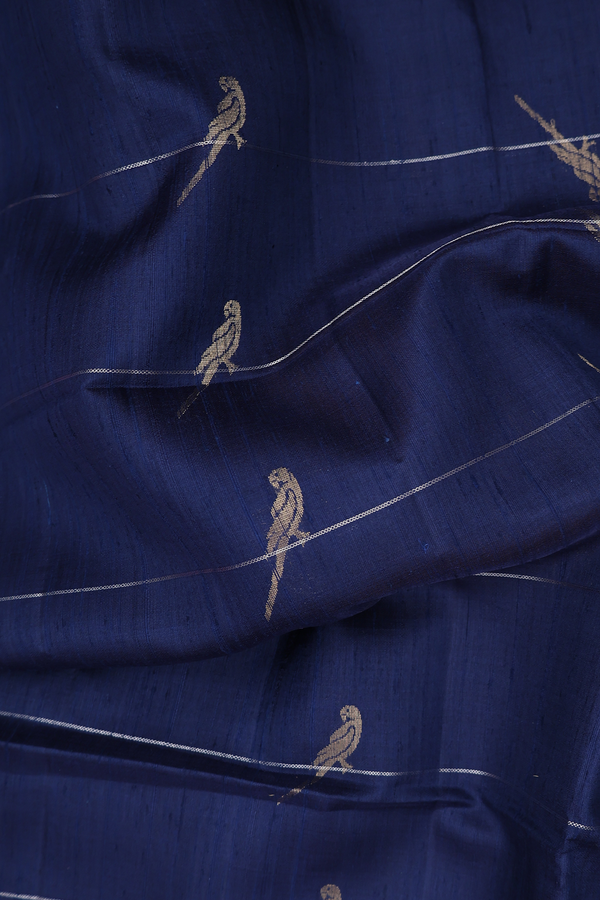 Raw Silk Saree In Oxford Blue With Parrot Design