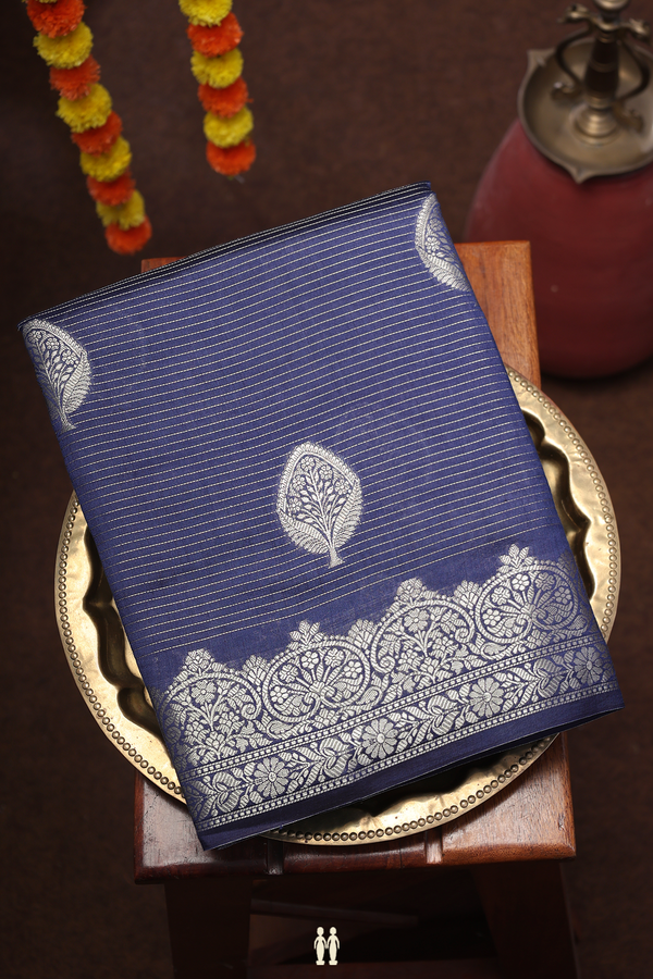 Raw Silk Saree In Oxford Blue With Stripes Along Motifs