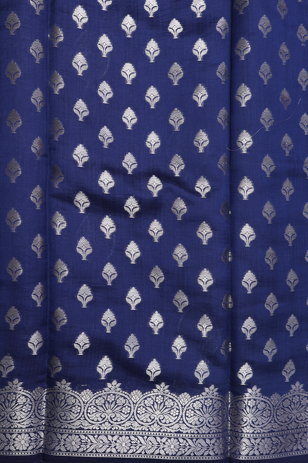 Raw Silk Saree In Oxford Blue With Stripes Along Motifs
