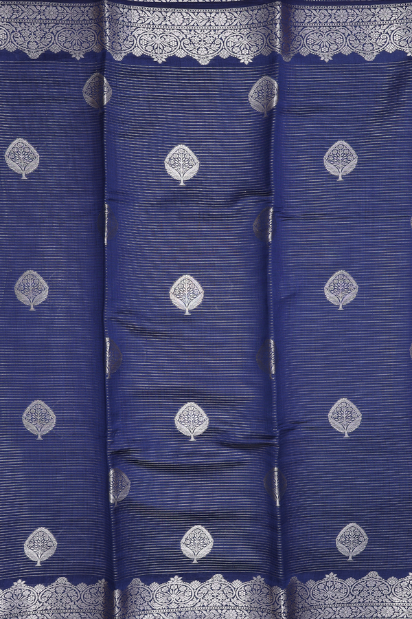 Raw Silk Saree In Oxford Blue With Stripes Along Motifs