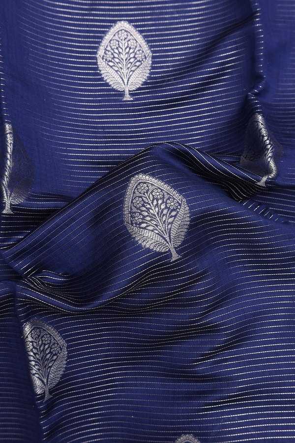 Raw Silk Saree In Oxford Blue With Stripes Along Motifs