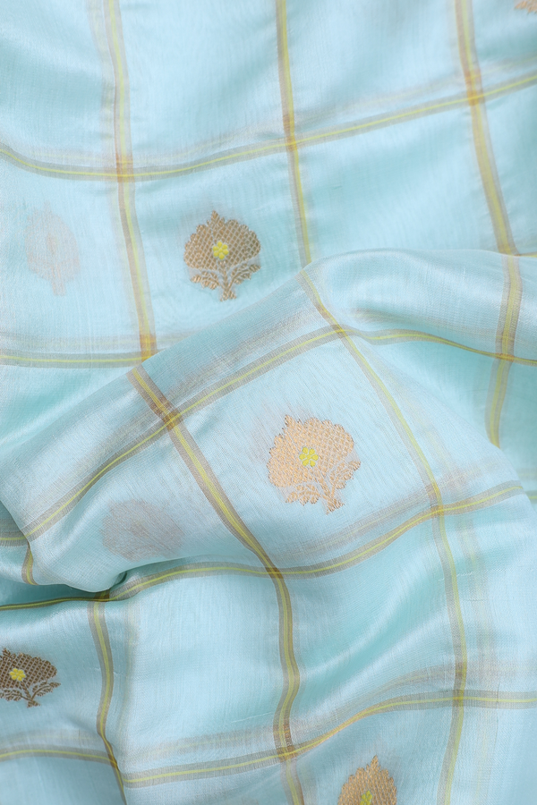 Raw Silk Saree In Pastel Blue With Checks Design