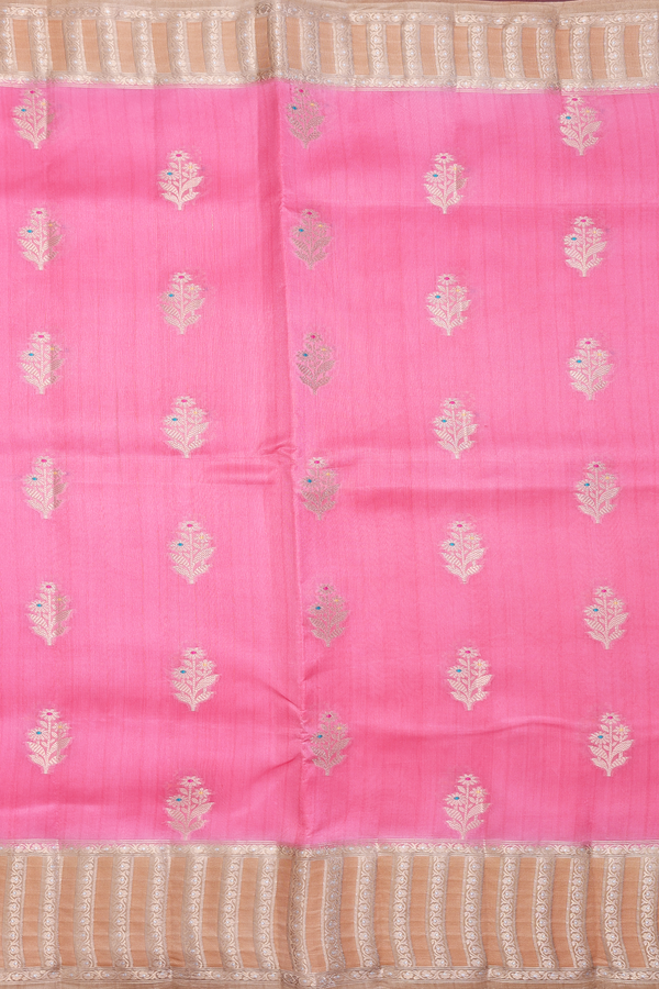 Raw Silk Saree In Peach Pink With Floral Motifs