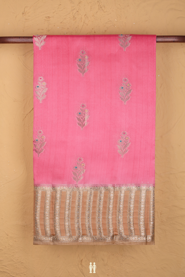 Raw Silk Saree In Peach Pink With Floral Motifs