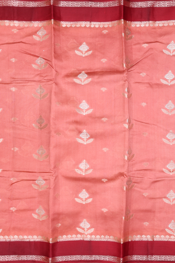 Raw Silk Saree In Peach With Floral Motifs