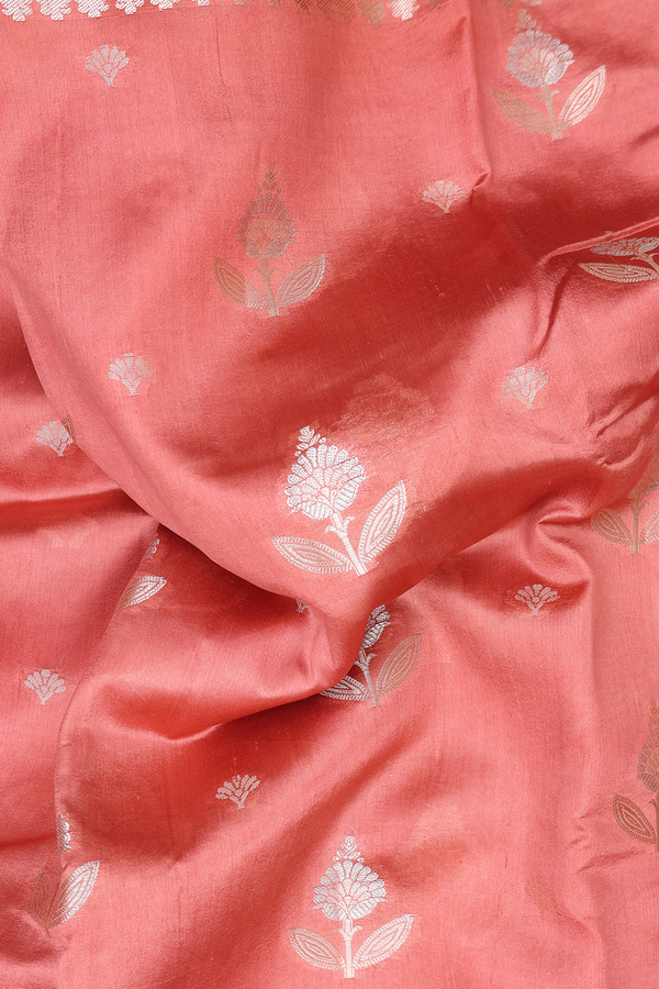 Raw Silk Saree In Peach With Floral Motifs