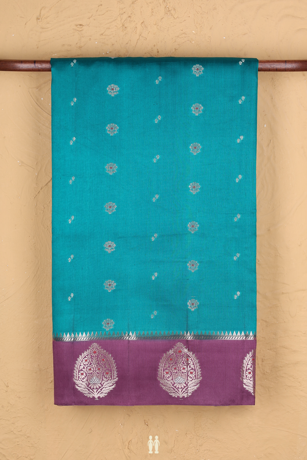Raw Silk Saree In Peacock Green With Floral Buttas