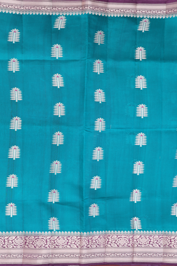 Raw Silk Saree In Peacock Green With Floral Motifs