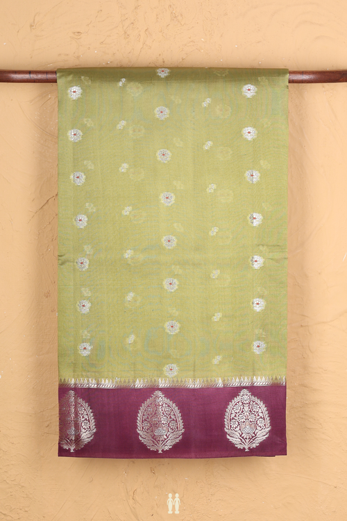 Raw Silk Saree In Pear Green With Floral Buttas