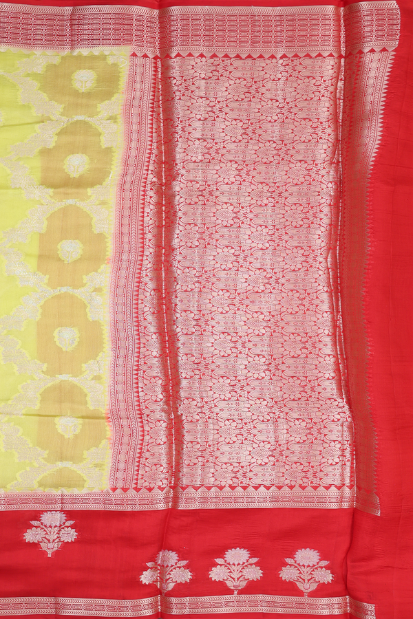 Raw Silk Saree In Pear Green With Ogee Design